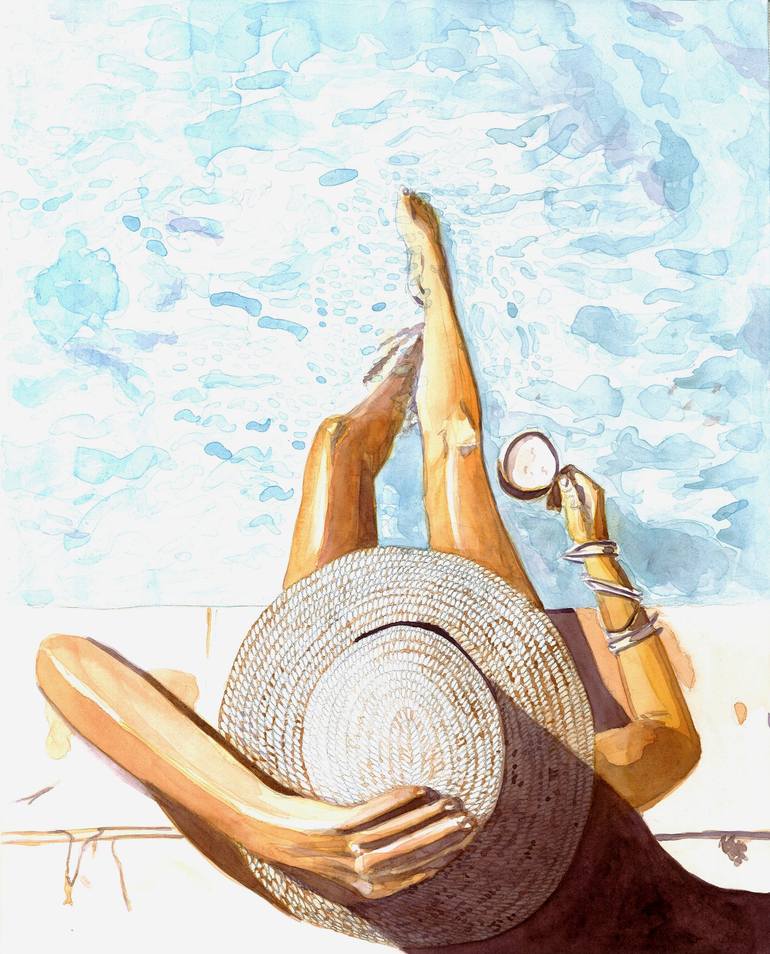 Woman in Hat Relaxing at the Pool' Photographic Print - haveseen, Art.com