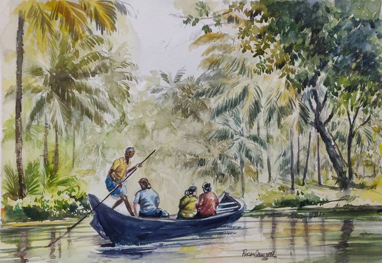 Original Landscape Painting by Regu Sreedhar | Abstract Expressionism Art on Paper | Across the lake