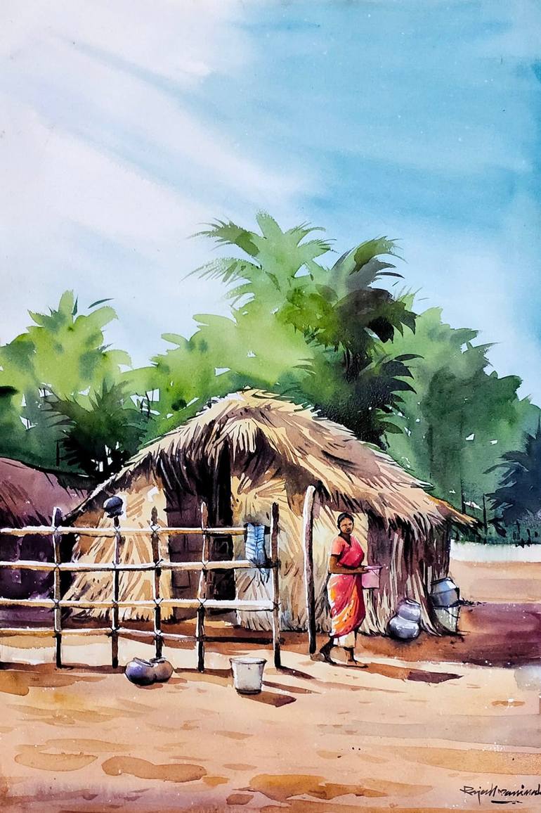 Village life Painting by Rajesh Manimala | Saatchi Art