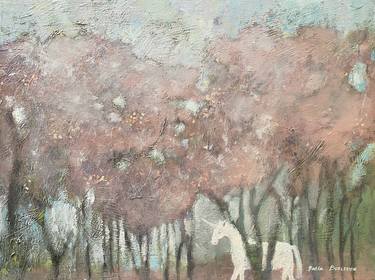 Cherry Blossom. Landscape, painting for interior, pink, white unicorn, park thumb