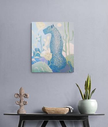 Blue Leopard in Savannah. Surrealistic Animals, Blue and Green Pallete, Sun, Cactuses, Painting for Interior, Decorative, Modern thumb
