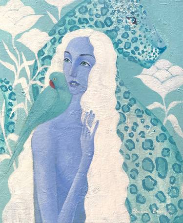 Sea Salt. Acrylic painting, Woman Portrait, Blue Skin, Turquoise Leopard, Leopard Pattern thumb