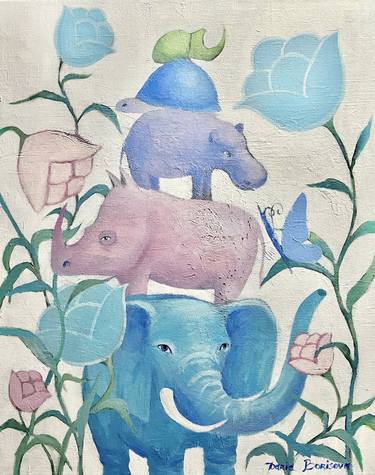 Keep Balance. Animals, surrealistic animals, wildlife nature, painting for interior, pink, blue, celestial blue, flowers, modern thumb