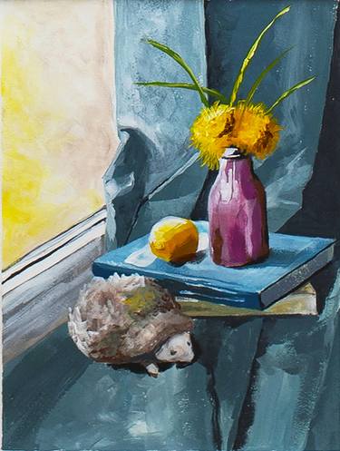 Etude with yellow and blue, Painting with dandelions, Rustic style, Provence still life thumb