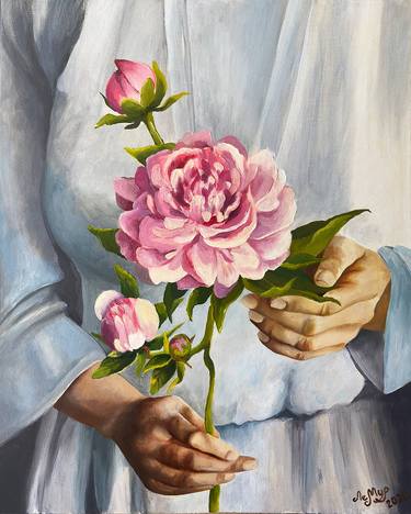 Pink peony oil painting Peonies on canvas, Floral painting bloom, Girl holding flowers painting thumb