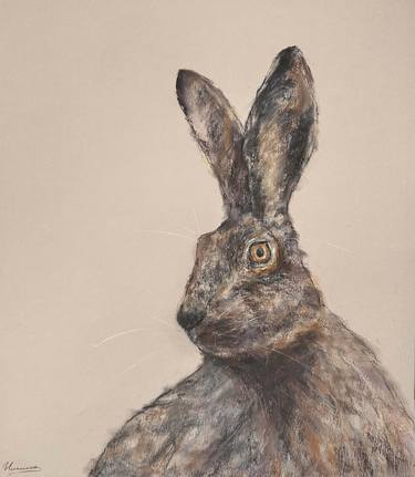 GRAY HARE- Pastel drawing on paper, animal, field, country life thumb