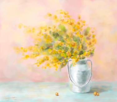 MIMOSA -  gigital drawing, wall art, decor home, gift idea,  bouquet, flowers, holiday, yellow, france, spring, woman, joy, pink. thumb