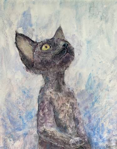 Dreamer- Soft pastel drawing on paper, gray color, cat guy, kitten, animal lover, home decor, nature, animal portrait, devon rex, blue decor,  funny animal. thumb