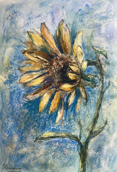 SUNFLOWER- Pastel and watercolor drawing on paper, spring, original gift, sunny interior, yellow decor, interior, design in the living room, Van Gogh. thumb