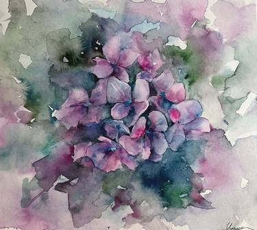HYDRANGEA- Watercolor drawing on paper, very peri, spring, original gift, kitchen art,veryperi,nursery, garden, flowers, delicate color, pastel decor, violet color, painting in the living room. thumb