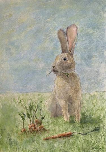 LUNCH AT THE RABBIT- Pastel and watercolor drawing on paper, in the nursery, a gift for the interior, fairy tale, bunny, a children's room, winnie the pooh. thumb
