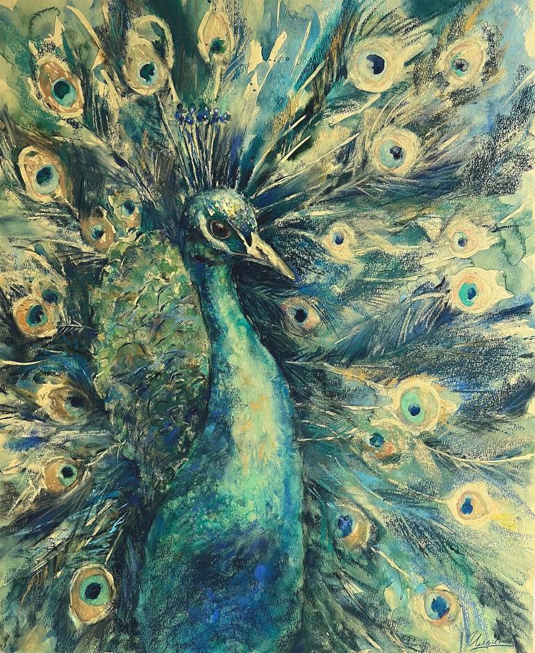 PEACOCK- Pastel and watercolor drawing on paper, original gift, fairy tale,  painting in the nursery, bedroom