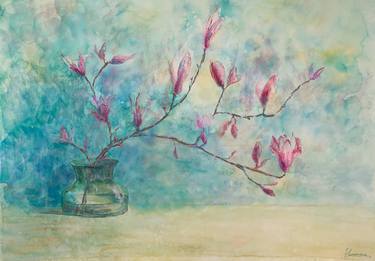 MAGNOLIAS - spring, flowers, Japanese painting, blue pink color. thumb