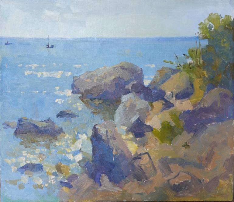 impressionistic landscape Original oil painting seascape . vintage blue ...