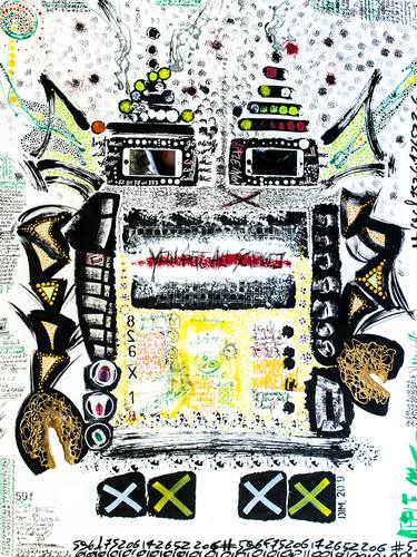 We are all screwed, original acrylic and collage with iphone painting of robot, canvas, 90x120x2 cm thumb
