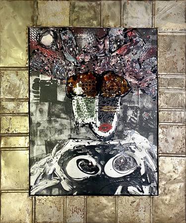 Catwomen, acrylic and collage on canvas, comics picture with antique metal frame, 100x120x5 cm thumb