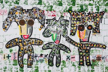 Little family, acrylic and collage painting on canvas, little doggie characters, 140x90x3 cm thumb