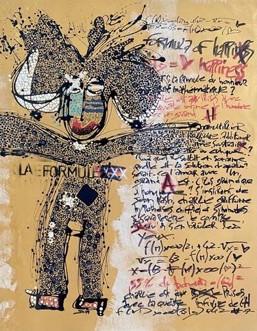 La formule du bonheur, acrylic on canvas, gold background with writings and dots about happiness, 85x105x3 cm thumb