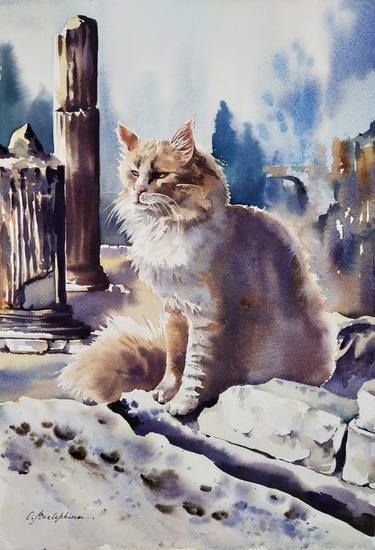 Ephesus cat #4 - original watercolor with fluffy cat basking in the sun among the ruins thumb