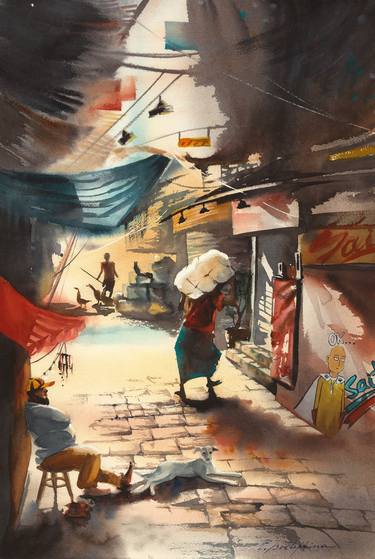 Morning market - art giclee print, watercolor street scene thumb
