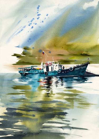 Pinguin - watercolor landscape with blue boat thumb