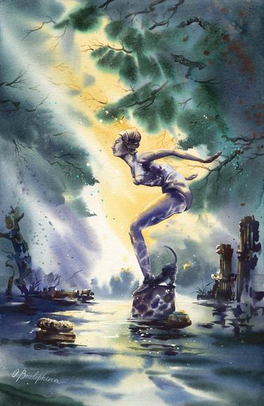 Leaping into the water - swimmer girl park sculpture in post-apocalyptic world thumb