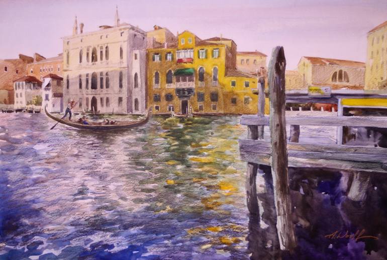 Original Cities Painting by Anatol Woolf | Expressionism Art on Paper | Sunset on the Grand Canal in Venice with a gondola