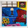 Blue room with a red armchair and sunflowers. This study explores an interior space with a window. A room full of energy with bright colours that work together. This painting is from a good life series.