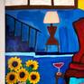Blue room with a red armchair and sunflowers. This study explores an interior space with a window. A room full of energy with bright colours that work together. This painting is from a good life series.