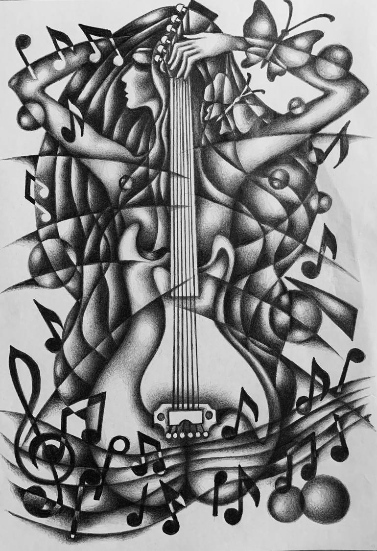 Guitar. Cycle of woman music works. Drawing by Pavel Roslyakov