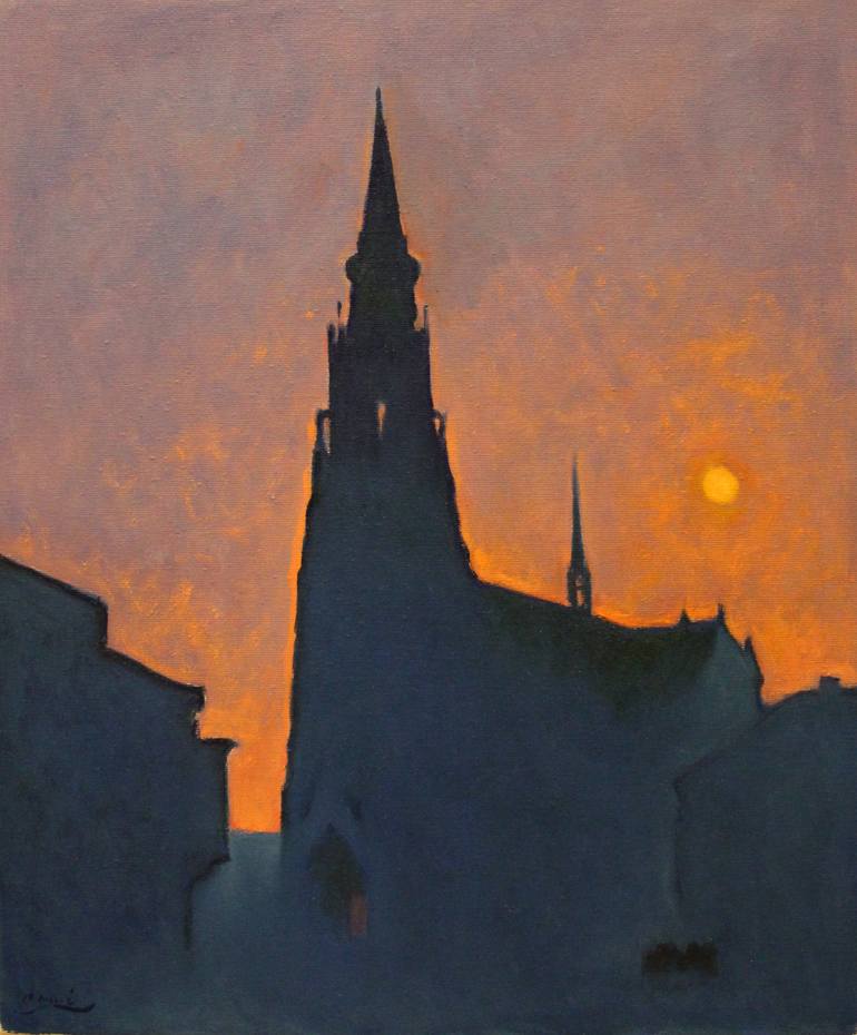 Original Architecture Painting by Drazen Romic | Impressionism Art on Canvas | Church In The Morning And InThe Evening