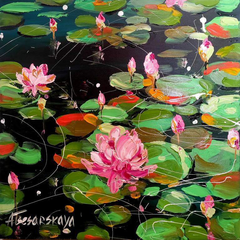 Original Landscape Painting by Aliaksandra Tsesarskaya | Abstract Expressionism Art on Canvas | Lilies in the lake - colorful landscapes