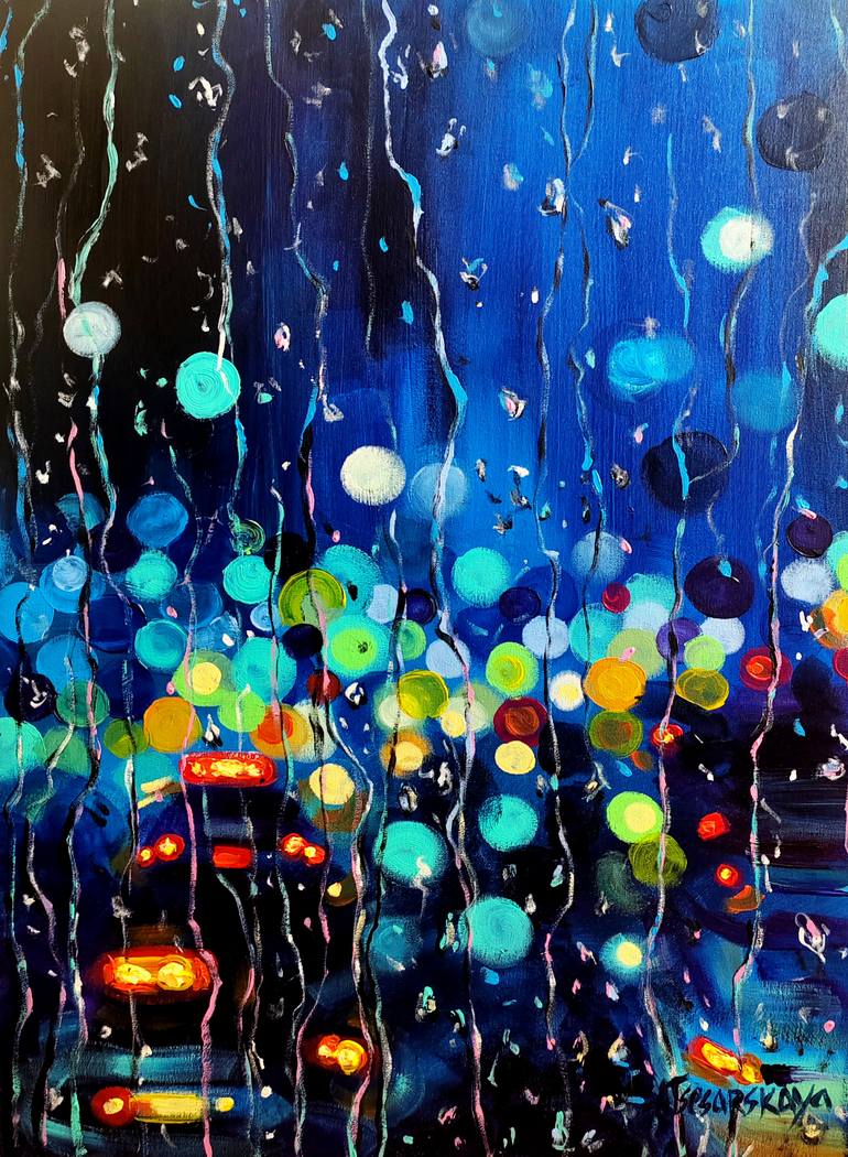 Original Cities Painting by Aliaksandra Tsesarskaya | Contemporary Art on Canvas | Rainy night light in the city - cityscape