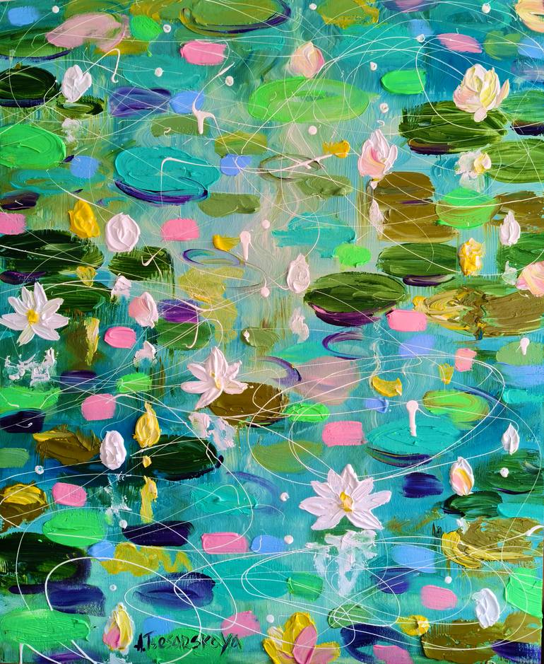 Original Landscape Painting by Aliaksandra Tsesarskaya | Abstract Art on Canvas | Colorful water Lily - lilies in the lake