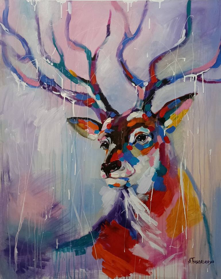 Deer - original acrylic painting, pop art animal, deer on canvas Painting  by Aliaksandra Tsesarskaya | Saatchi Art
