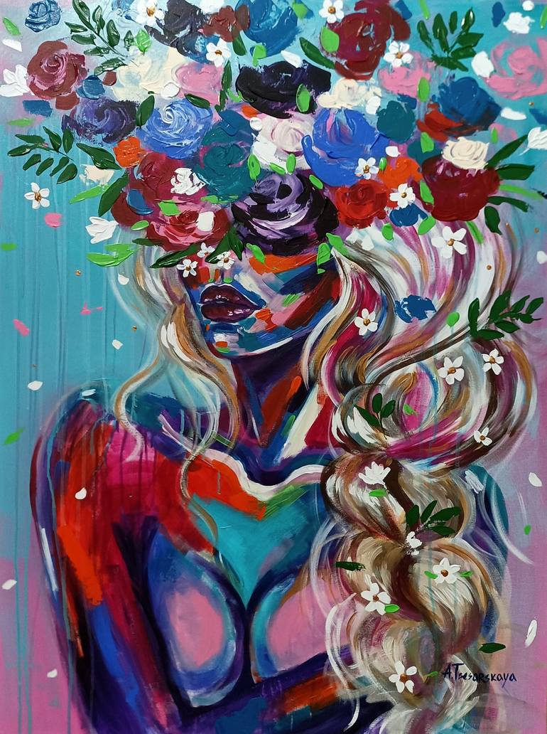 Buy Colourful Artwork - Beautiful Girl on Flowers Handmade Painting by  SATHYA SAGII. Code:ART_9101_76221 - Paintings for Sale online in India.