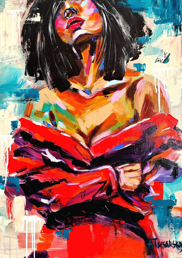 Women in red - original acrylic painting on canvas Painting by