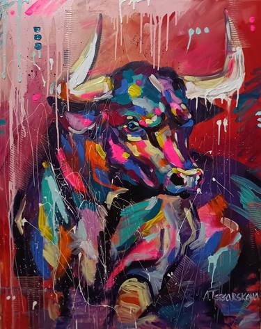 Bull - original acrylic painting on canvas, colorful cows, idea interior painting thumb