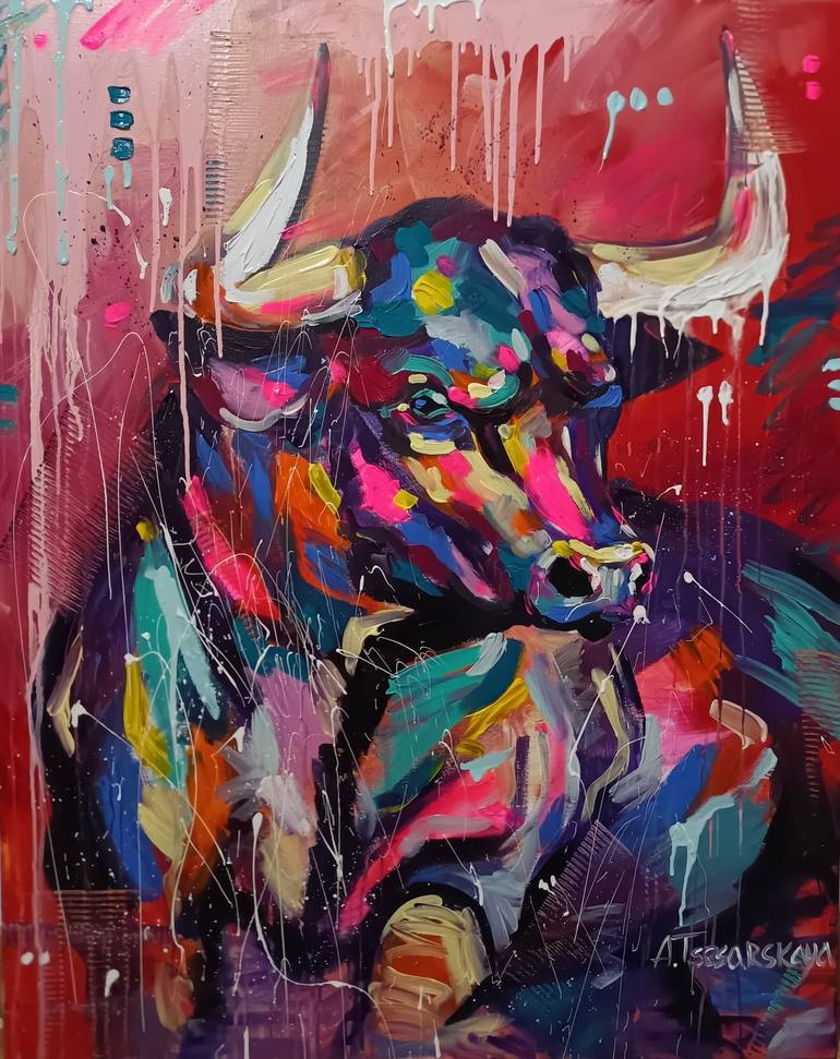 Bull original acrylic painting on canvas colorful cows idea interior painting