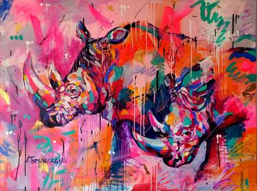 Rhino love - original acrylic painting on canvas thumb