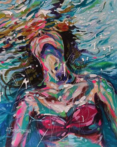 Underwater girl - original acrylic painting on canvas, Underwater girl, summer painting, large canvas thumb