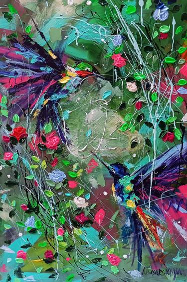 Exotic plants and birds - colorful abstract painting thumb