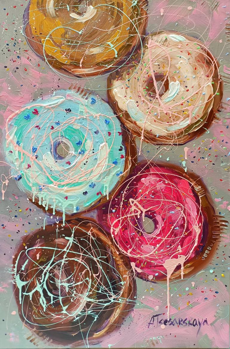 LOVE in the air ( Donuts) - food painting, colorful Donuts Painting by Aliaksandra Tsesarskaya ...