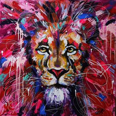 The King lion - colorful portrait lion, viva magenta panton 2023 thumb