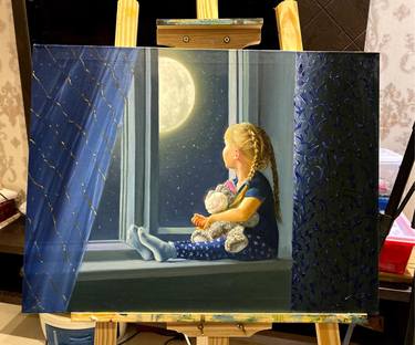 Girl Watching Moon Oil Painting by Rabi Pirzada thumb
