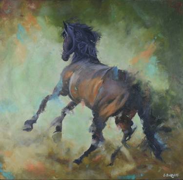 EXPRESSIVE HORSE PAINTING, FRAMED OIL ON BOARD, 24" X 24" thumb