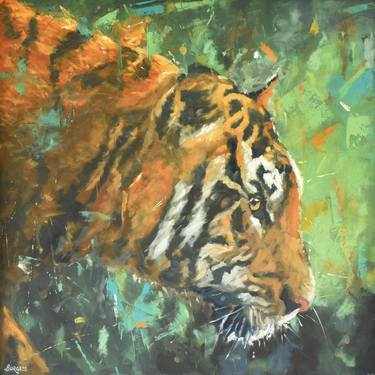 The Hunters Gaze - Framed Tiger Oil Painting - 82cm x 82cm thumb