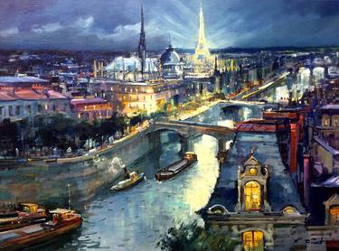 paris la tour eiffel painting PARIS LA TOUR EIFFEL ET LA SEINE ILLUMINEES thumb