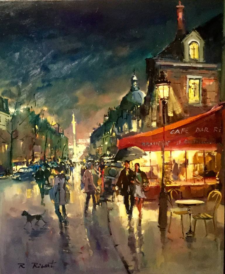 paris boulevard saint Antoine bastille la nuit Painting by ROBERT ...