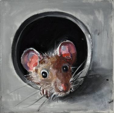 Curiosity in the Shadows: Mouse in a Pipe Oil Painting thumb